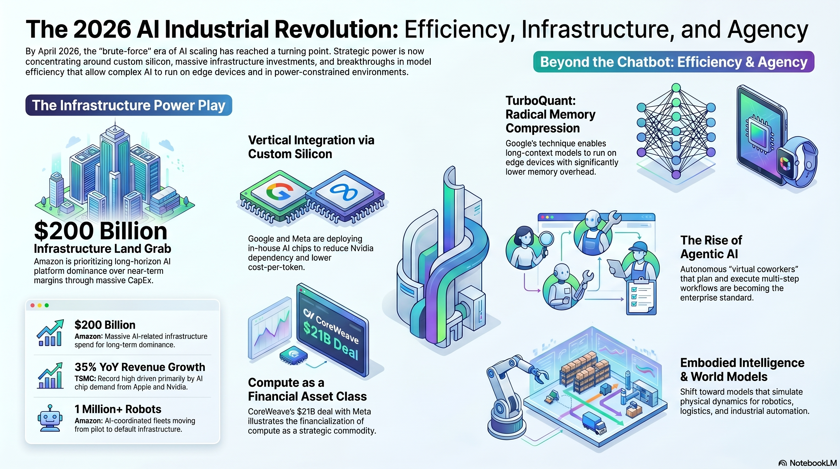 The 2026 AI Industrial Revolution infographic - showing $200B infrastructure land grab, vertical integration via custom silicon, TurboQuant memory compression, compute as financial asset class, the rise of agentic AI, and embodied intelligence with world models