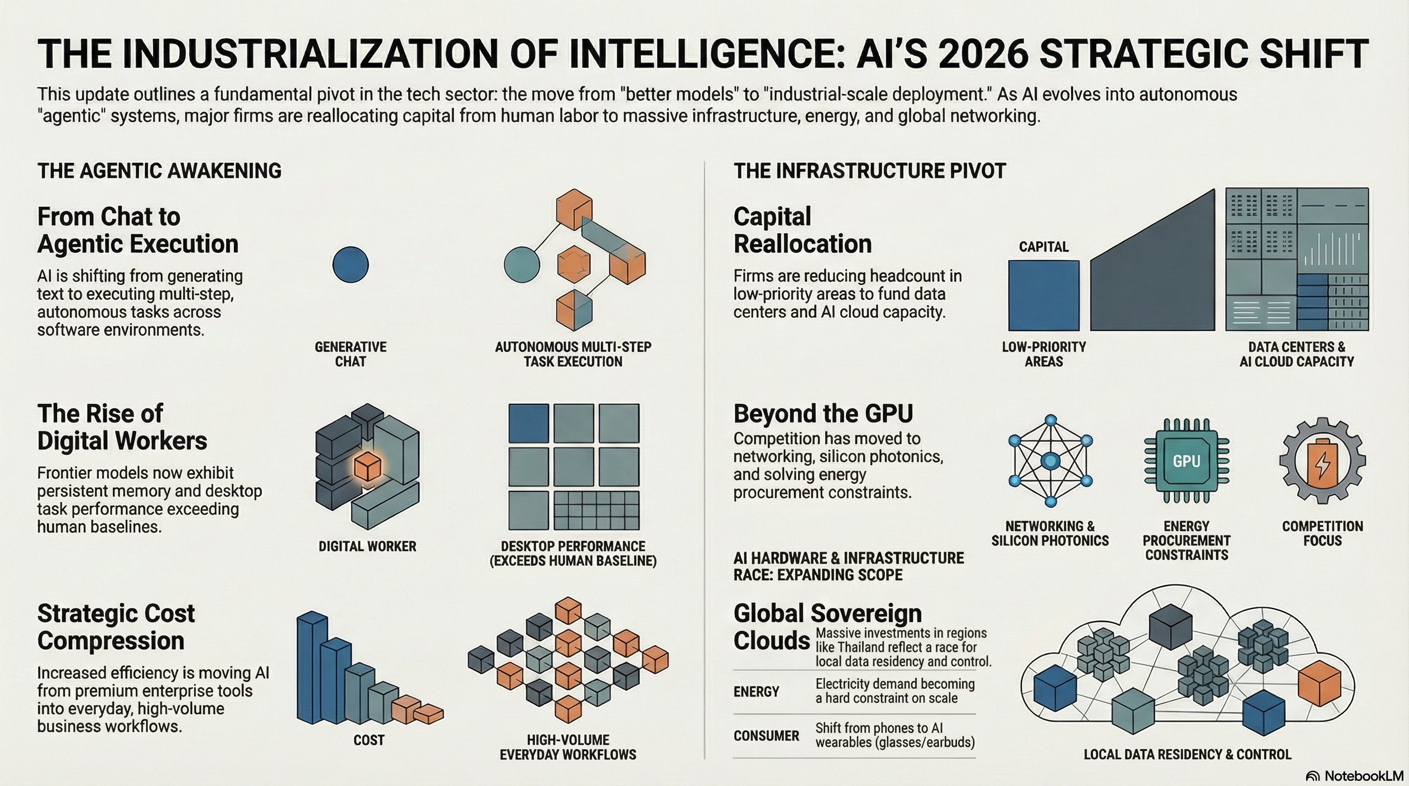 The Industrialization of Intelligence - AI's 2026 Strategic Shift infographic showing the agentic awakening, infrastructure pivot, capital reallocation, and global sovereign clouds